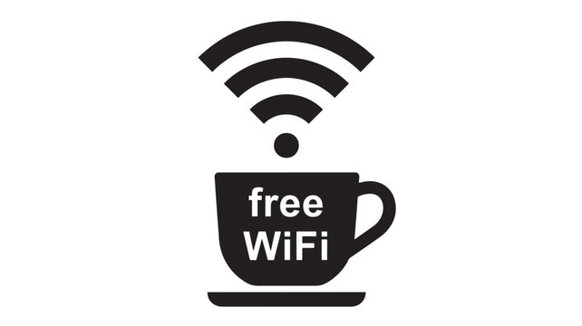 Cup coffee icon with free WiFi signal, black silhouette, digital connection, wireless internet symbol.