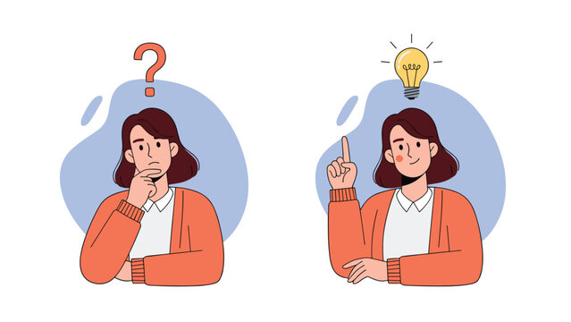 Young woman character in two states representing confusion with a question mark and inspiration with a glowing light bulb.