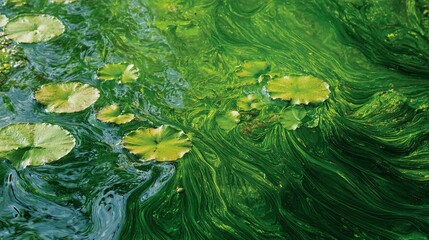 Fototapeta premium algal. Green algal film floating on pond surface with iridescent sunlight reflection. ESG reports, sustainability campaigns, designed for environmental awareness campaigns, drives climate awareness.