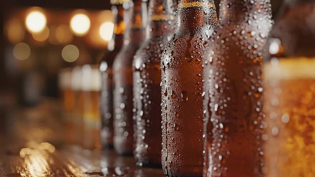 Row of Chilled Beer Bottles with Dew Drops in Dim Lighting