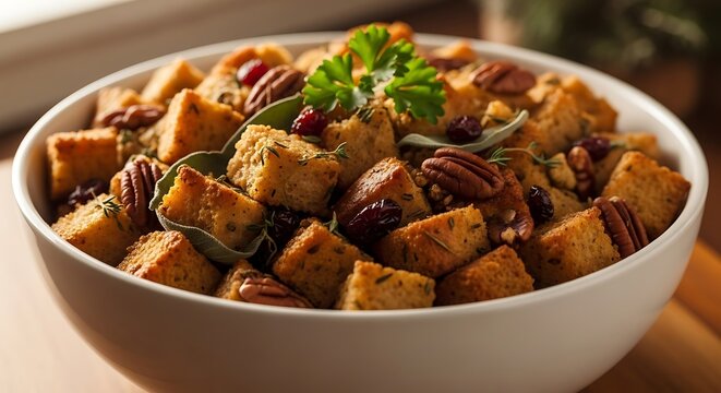Delicious stuffing with nuts and herbs in a white bowl