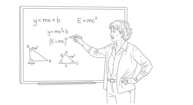 Illustration of a mathematics teacher explaining formulas on a whiteboard in a classroom