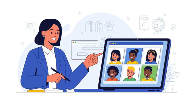 Online education illustration featuring a teacher conducting a virtual classroom session