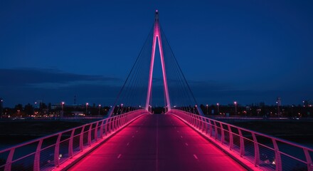 Obraz premium A vibrant pink suspension bridge illuminated at night with city lights