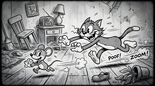 A vintage black and white cartoon shows a frantic cat chasing a small mouse through a messy, cluttered room, with dust clouds and overturned objects.