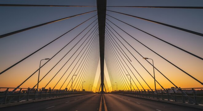 A suspension bridge stretches across the landscape at sunset with cables and streetlights