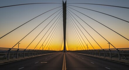 A professional photo captures a serene highway bridge at sunset with cables stretching across the sky