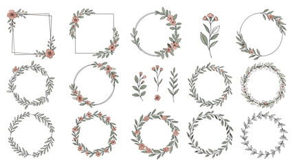Obraz premium Set of delicate hand drawn floral wreaths and frames with pink flowers and green leaves in various shapes and sizes.