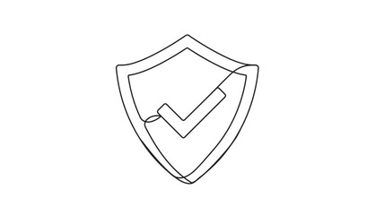 Shield with check mark icon in continuous line drawing style, representing security and approval featuring success, protection, safety with
