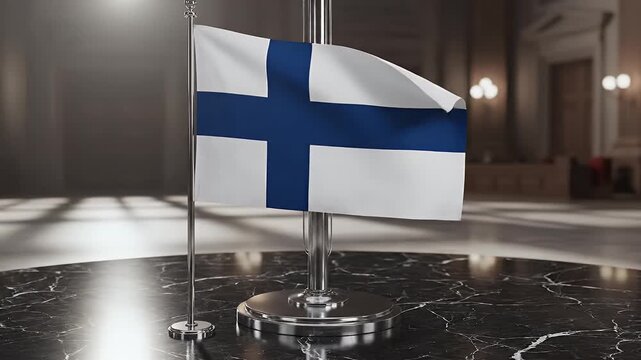 A white and blue cross flag on a pole, displayed indoors on a table