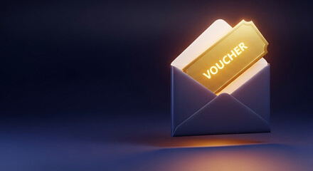 3D rendering of a golden voucher inside a dark envelope.