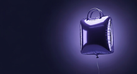 Metallic silver square shaped balloon floating against a dark background