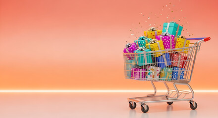 A bright shopping cart overflowing with colorful gift boxes.