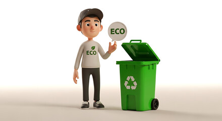 3D illustration of a man pointing to a recycling bin.