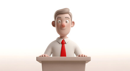 Cartoon male figure sitting at a podium, smiling gently.
