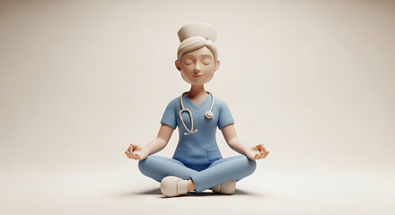 Cute 3D cartoon nurse meditating in scrubs, serene pose