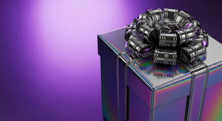 Metallic gift box with a shimmering ribbon bow against purple.