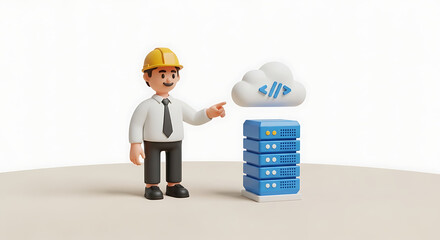 Cartoon construction worker pointing at servers, digital illustration