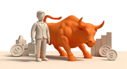 3D businessman with a bull symbolizing financial strength and power