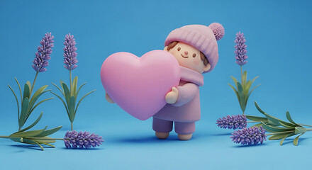 Cute plush character holding a heart among lavender flowers.