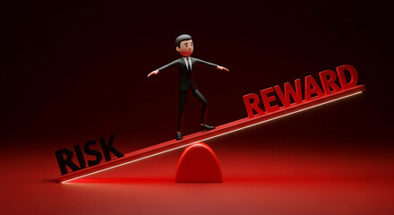 A cartoon businessman carefully balancing on a red seesaw represents risk and reward