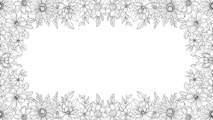 Obraz premium Rectangular floral frame composed of hand drawn wild flowers and foliage in a detailed black and white line art style for elegant invitations.