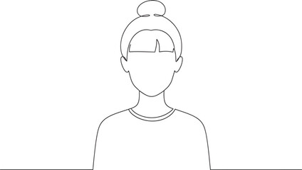 Woman icon with top knot hairstyle, blank face, and simple t-shirt in outline vector style featuring female, profile, portrait with line art and © Farjana