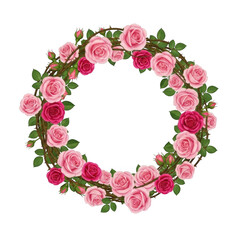 Elegant floral wreath composed of pink and red roses with green foliage accents isolated on transparent background