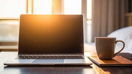 Fototapeta premium A laptop with a blank screen is placed on a wooden table next to a coffee cup and a notebook, with warm sunlight streaming through the window in the background.