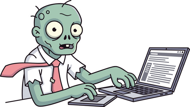 Cartoon zombie office worker typing on laptop computer with pink tie, humorous undead professional vector illustration concept