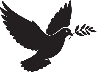 Obraz premium Black dove silhouette with olive branch in beak flying