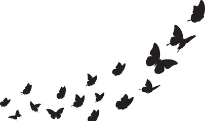 A flock of black butterflies flying in formation freely