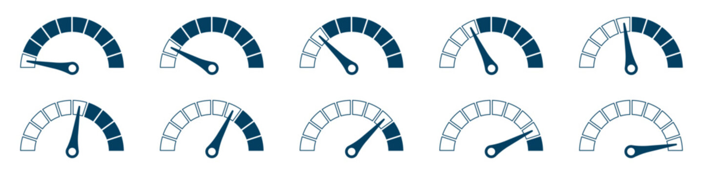Speedometer icon set or Tachometer icon concept of dashboard, gauge, meter, speed, indicator, performance, dial, level, control, measurement Vector illustration