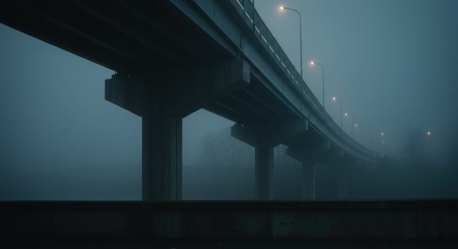 Foggy highway bridge landscape at dusk with misty atmosphere and elevated roadway