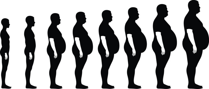 Human weight gain progression from slim to obese body shape, male obesity stages silhouette set isolated vector illustration