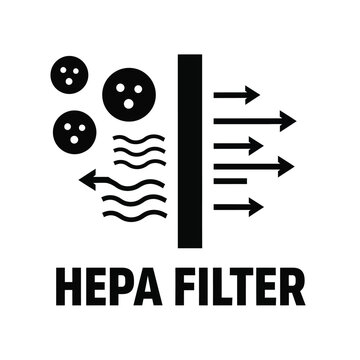 A black and white graphic depicts a hepa filter with airflow arrows and button like circular elements illustrating filtration high quality professional detailed modern elegant stylish clean