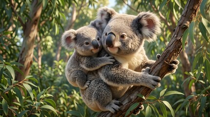 A heartwarming scene of a mother koala carrying her baby joey on her back, nestled safely in a eucalyptus tree within a vibrant Australian forest.