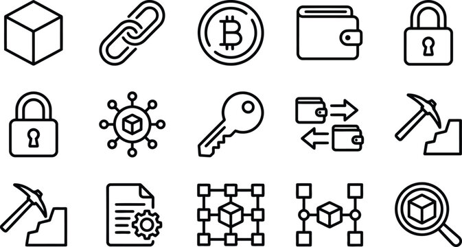 Collection of cryptocurrency and blockchain related icons isolated on transparent background