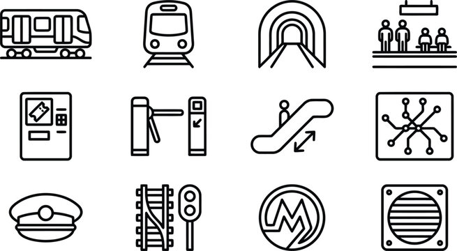 Collection of urban transportation and subway system line art icons depicting various elements for travel and commuting convenience