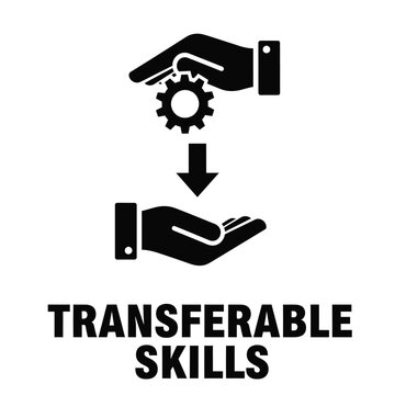 A graphic depicts a hand releasing gears into another awaiting hand symbolizing the concept of transferable skills high quality professional detailed modern elegant stylish