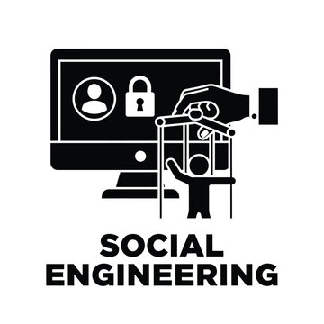 This graphic illustrates social engineering depicting a hand manipulating a person towards a computer displaying a lock and profile high quality professional detailed modern