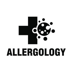 A graphic representation showcases a black medical cross alongside a cellular structure and the word allergyology below high quality professional detailed modern elegant stylish