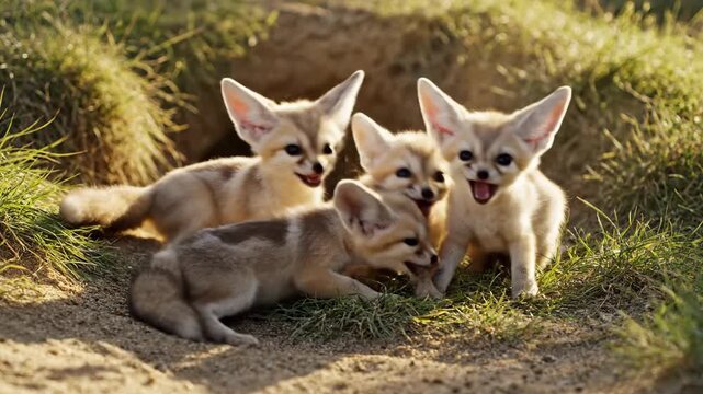 Four Fennec Fox Kits Playing Together in a Sunlit Den