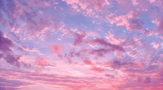 A painterly view of a sunset sky featuring puffy clouds in shades of pink, rose, and lavender, with hints of blue