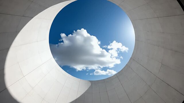 Circular concrete structure framing a bright blue sky with fluffy white clouds