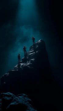 Shadowed minds ascend a jagged mental precipice,  mental effort, education