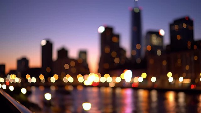 Softly focused city lights shimmer against a twilight sky over water