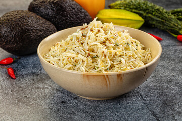 Aromatic Cumin Rice in a Bowl with Exotic Fruits and Vegetables