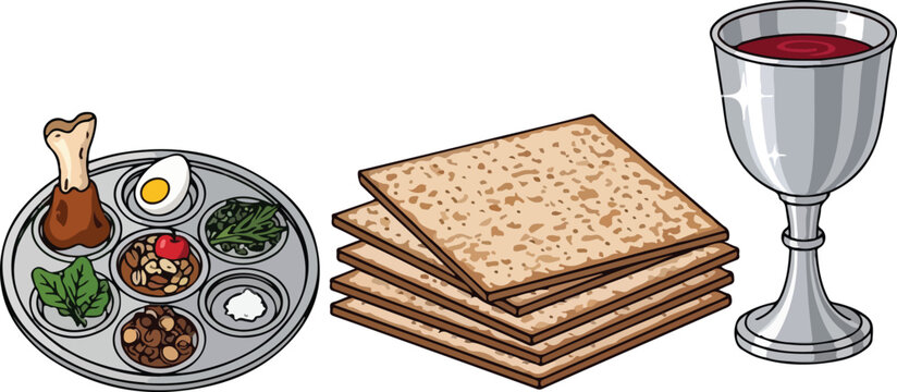 Illustration of a traditional Passover Seder plate with symbolic foods, a stack of matzah, and a silver Kiddush cup filled with red wine, representing Jewish holiday customs.