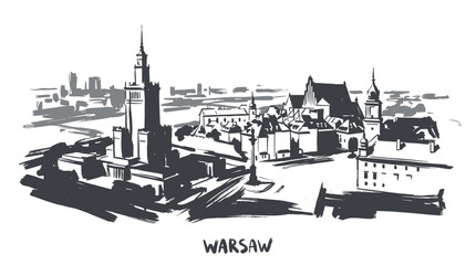 Obraz premium A black and white sketch of the Warsaw skyline featuring the Palace of Culture and Science and other prominent buildings.